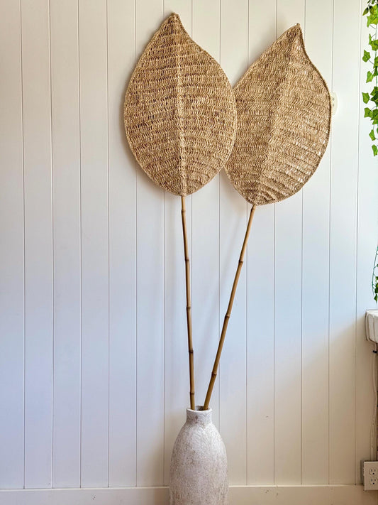 Handmade Decorative Leaf – Natural Woven Wall or Floor Accent with Bamboo Stem