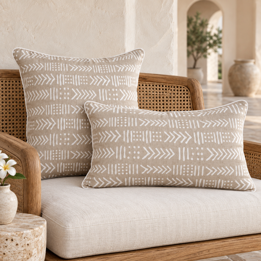 Zulu White Geometric Print Linen Pillow Cover