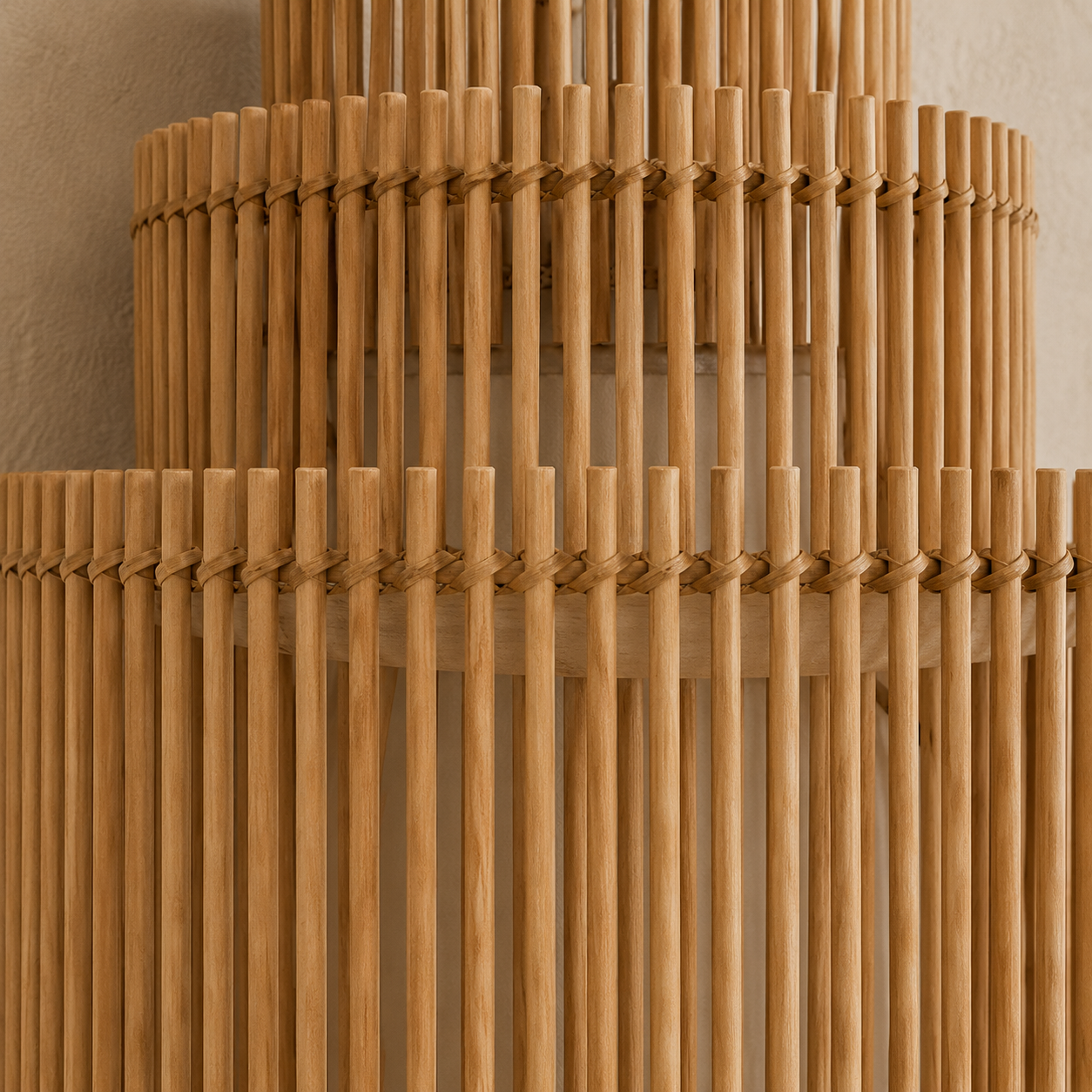 Close-up of a natural bamboo or rattan lampshade with vertical slats and woven horizontal bands, shown against a warm neutral background.