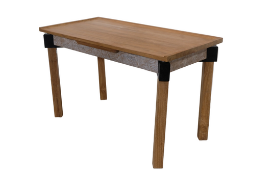 Makira Teakwood Workdesk with Carved Drawer & Industrial Accents