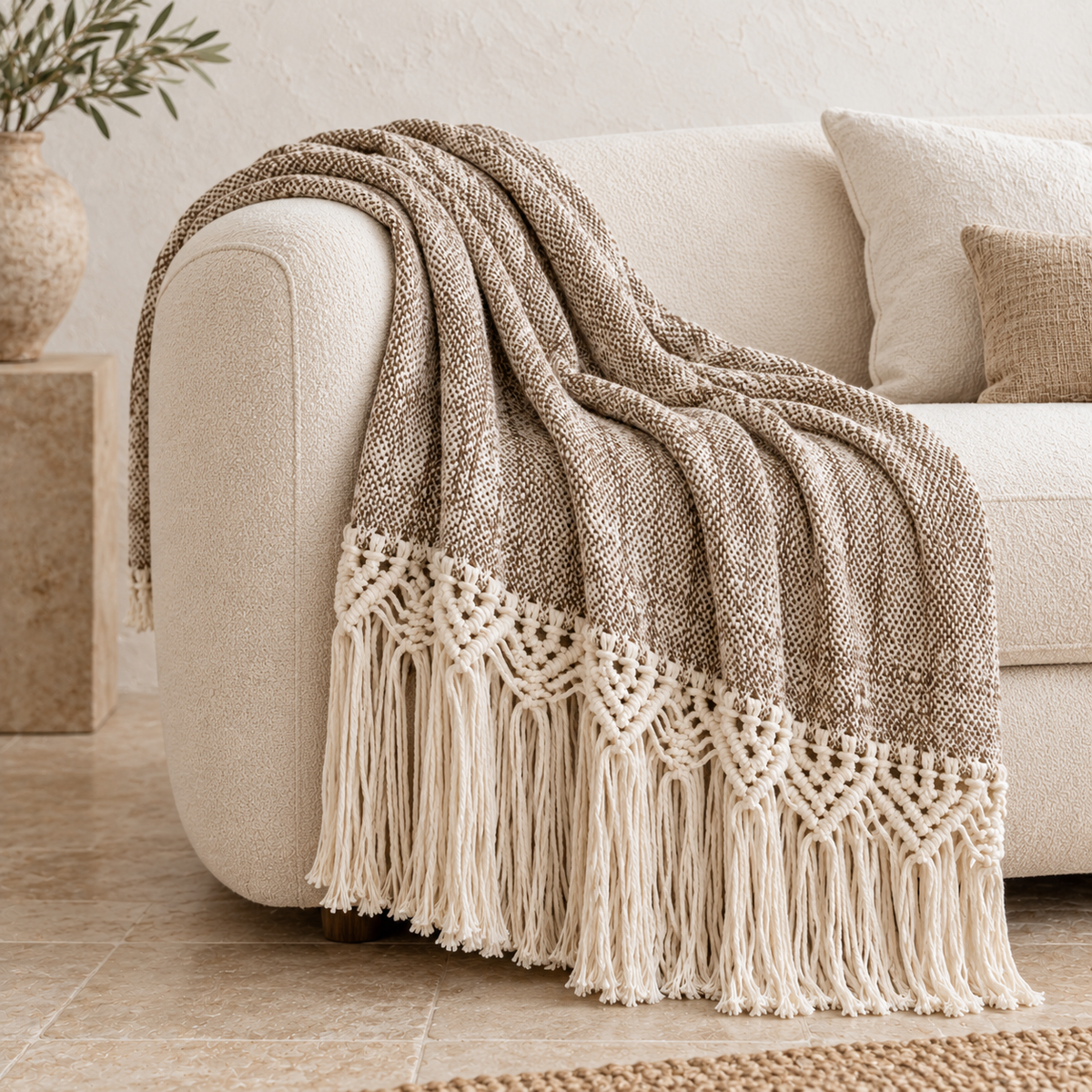Mountain Macrame Cotton Throw Brown