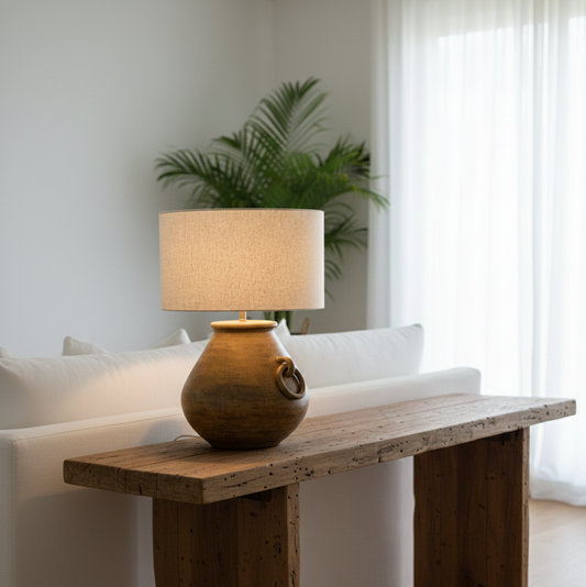 Mara Round Ribbed Terracotta Lamp with Natural Linen Shade