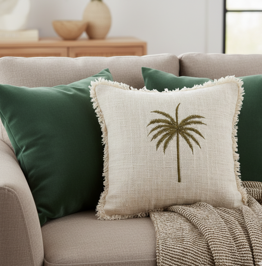 Leah Palm Tree Pillow Cover – Handwoven Cotton & Natural Palm Leaf