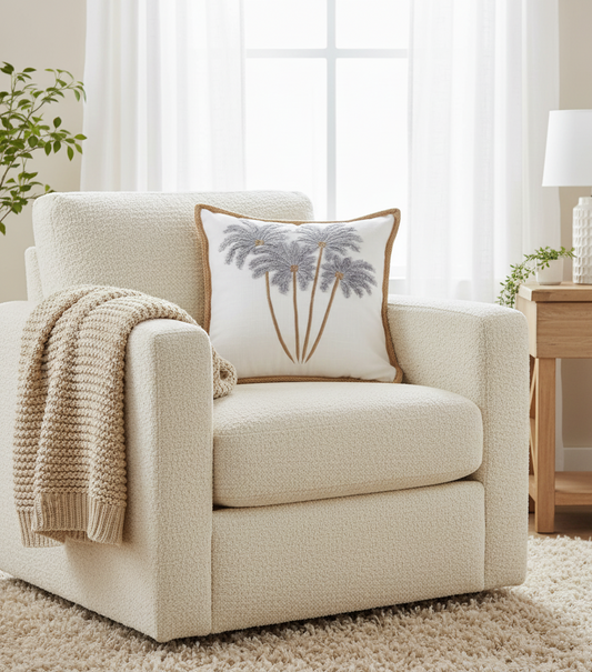 Bali Palms Linen Pillow Cover – Grey Hand-Stitched Palms with Fringe