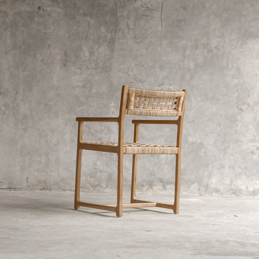 Teak wood dining arm chair with handwoven natural fiber seat – Palmer Arm Chair