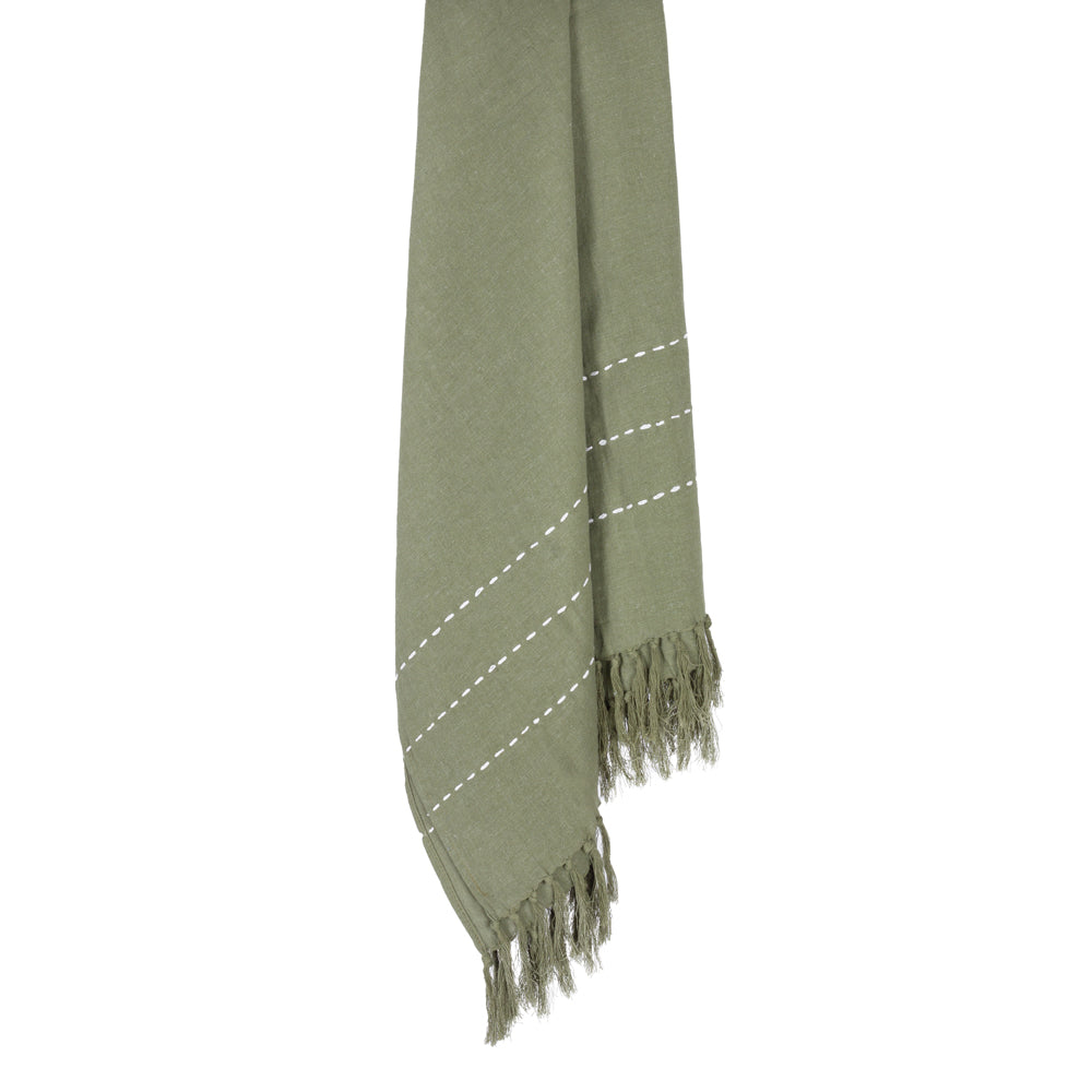 Amirah Green Olive Hand-Dyed Linen Throw with Fringe
