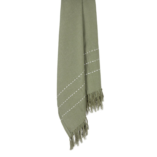 Amirah Green Olive Hand-Dyed Linen Throw with Fringe
