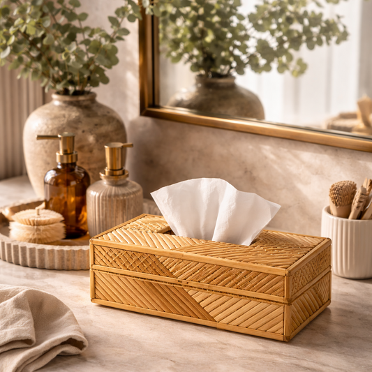 Woven tissue box on a marble countertop with decorative items