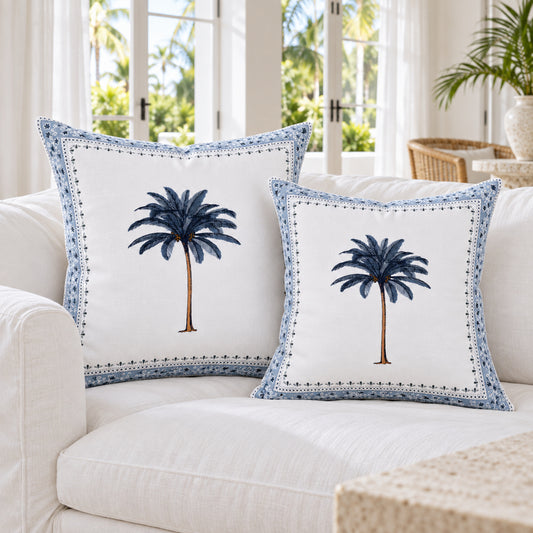 Imperial Palm Linen Pillow – Blue