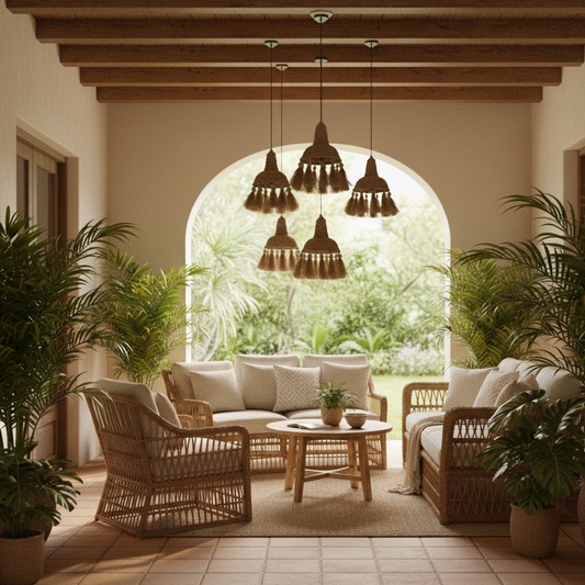 Cozy outdoor patio with wicker furniture, plants, and hanging lights.