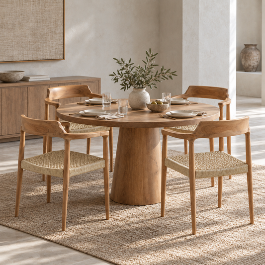 A round natural wood dining table with a thick pedestal base, surrounded by four matching wooden chairs with woven cane seats, set on a textured jute rug in a bright, modern dining room.