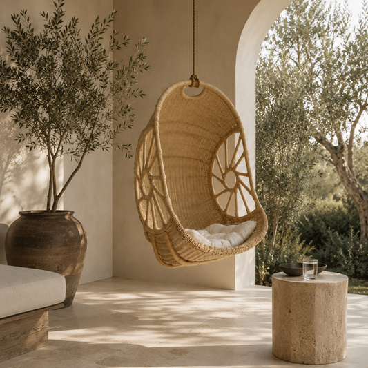 A woven rattan hanging egg chair with a white cushion, suspended in a rustic Mediterranean-style patio setting with a stone table, potted olive tree, and arched doorway.