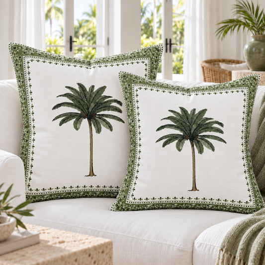 Imperial Palm Linen Pillow – Green