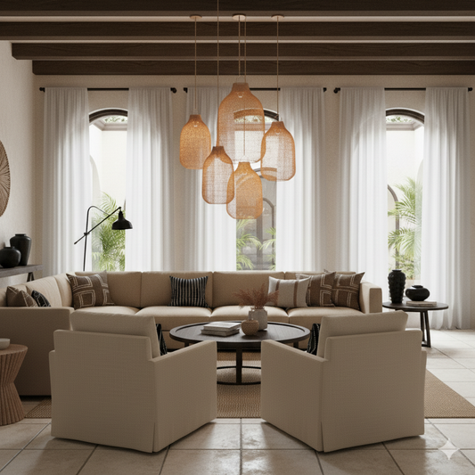 Modern living room with beige sectional sofa, decorative pillows, and pendant lights.