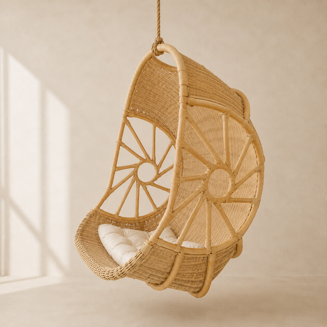 A woven rattan hanging egg chair with a white cushion, suspended by a rope against a warm beige wall.