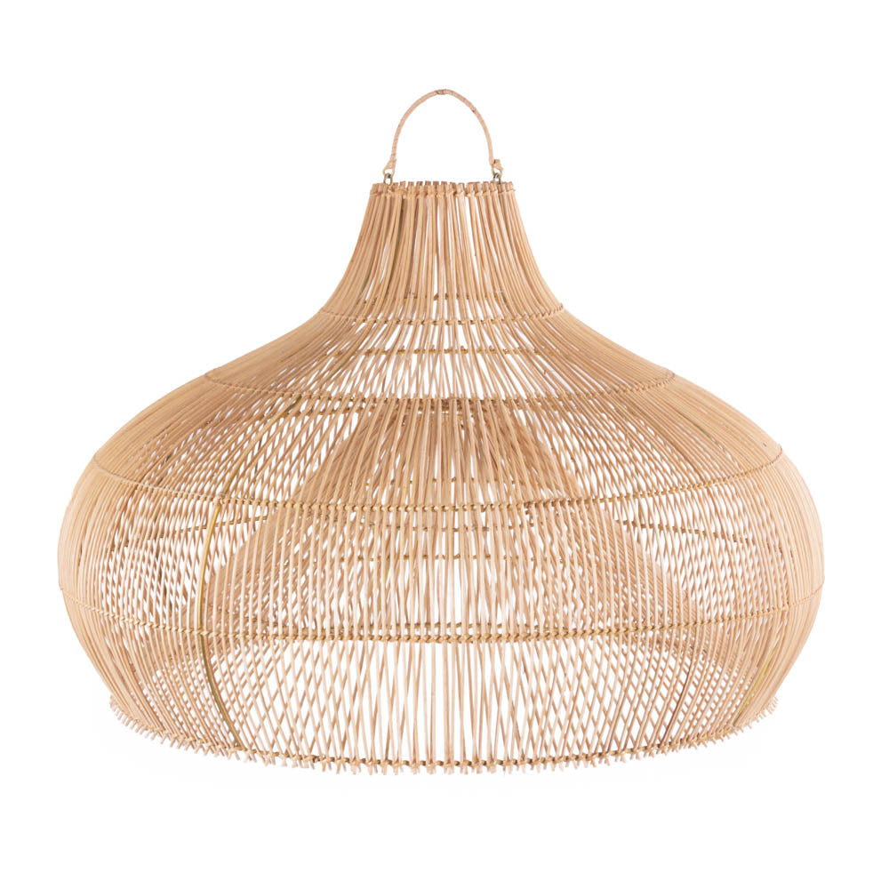 Woven rattan pendant light on a white background