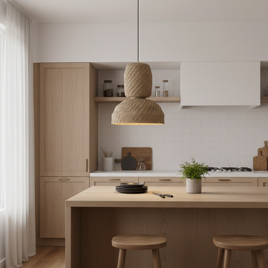 Modern kitchen with wooden island, stools, and pendant light.