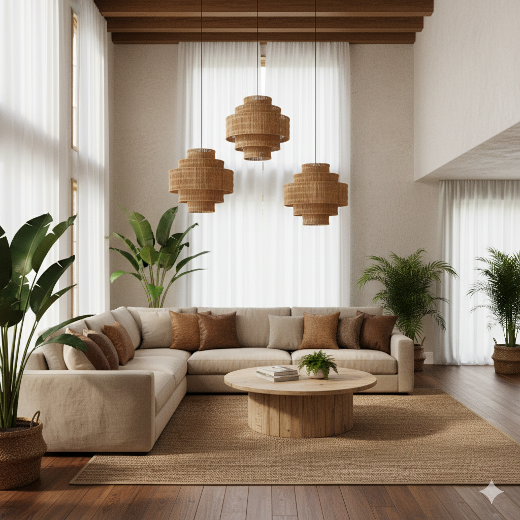 Modern living room with beige sectional sofa, wooden coffee table, and decorative plants.