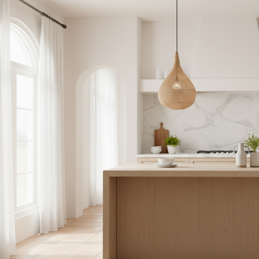 Modern kitchen with wooden island and pendant light