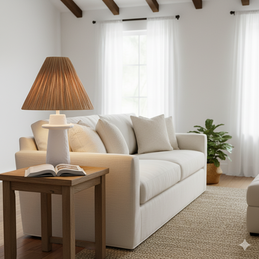 Living room with a beige sofa, wooden side table, and lamp.