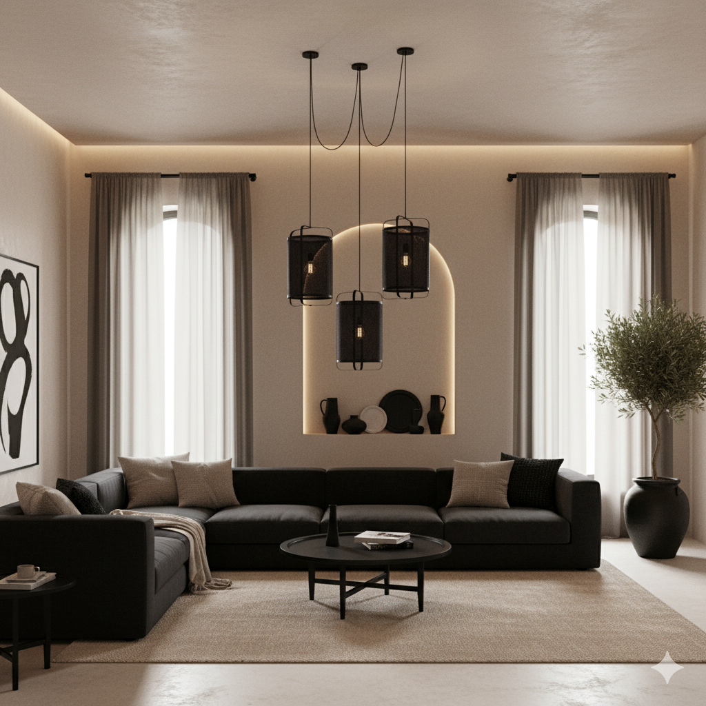 Modern living room with black sofa, coffee table, and decorative items.