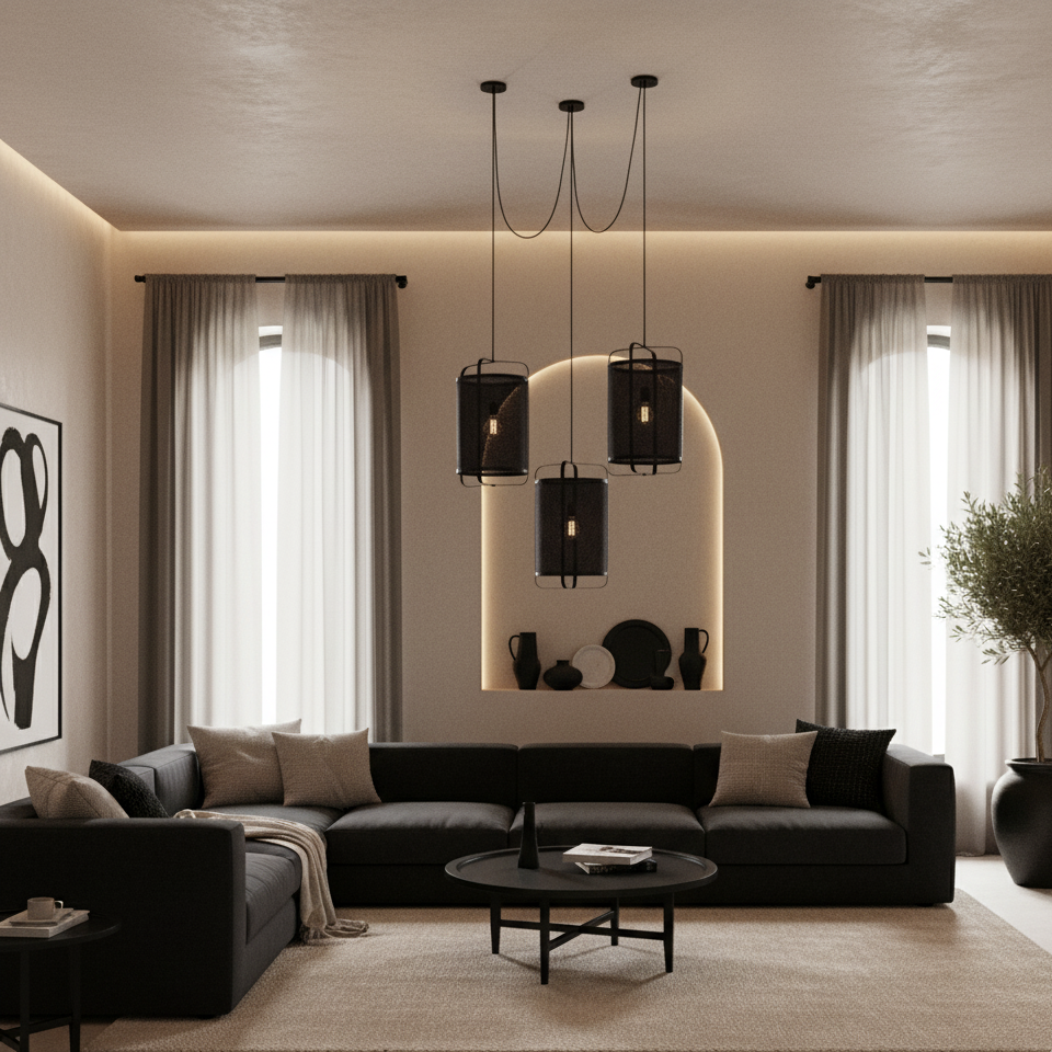 Modern living room with black sofa, coffee table, and decorative items.
