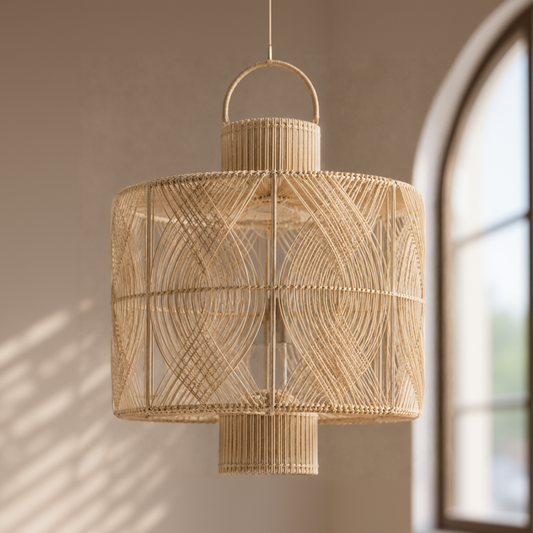 Woven pendant light fixture on a neutral background