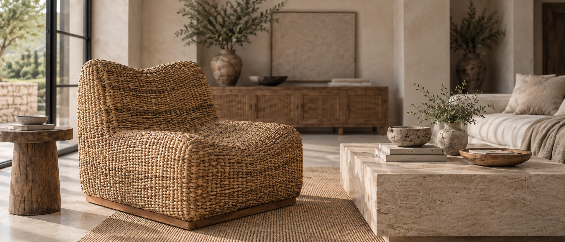 A modern woven wicker armchair in a warm natural tan color, styled in a contemporary, sunlit living room with a stone coffee table, wooden console, and neutral-toned sofa in the background.