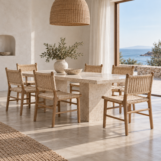 A modern dining set featuring a rectangular stone dining table and six woven rattan chairs, styled in a bright, minimalist coastal dining room with a large window overlooking the sea.