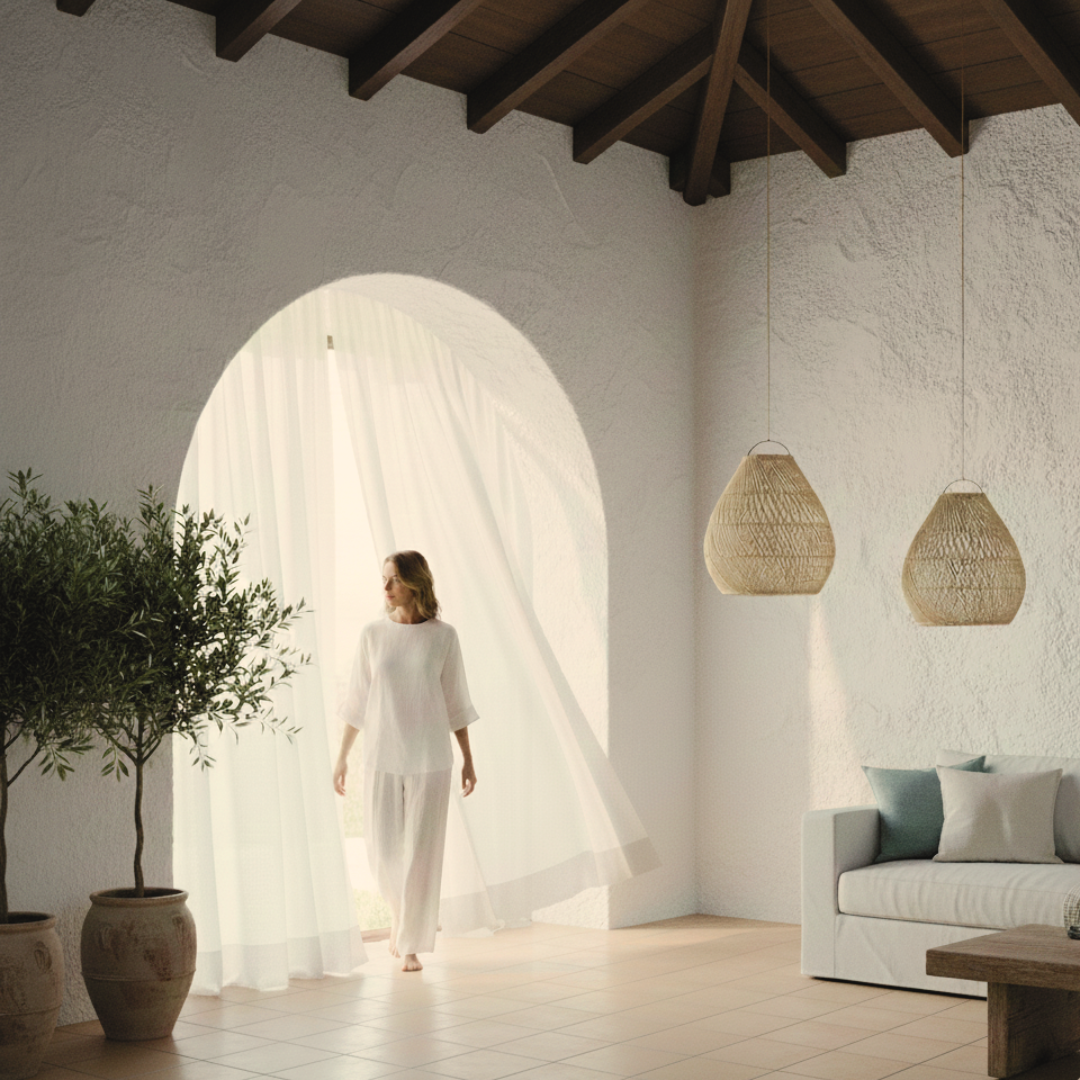 Woman in a white outfit standing in a bright room with white walls, wooden ceiling, and decorative lamps.