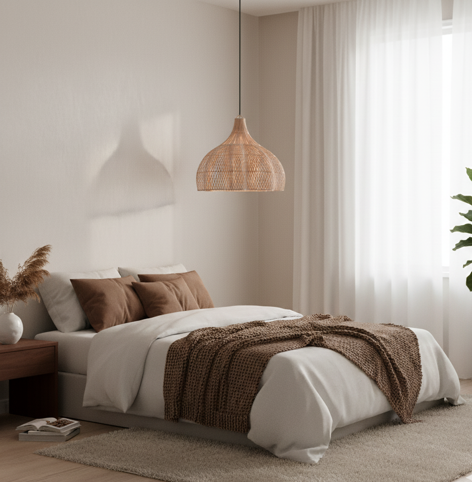 Modern bedroom with a bed, lamp, and decor elements.