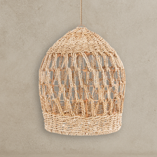 Woven pendant light fixture on a neutral background