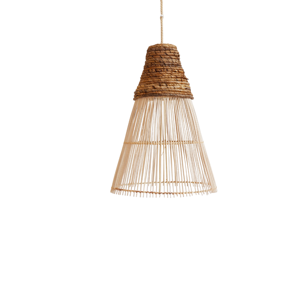 Woven pendant light with natural brown finish on a white background
