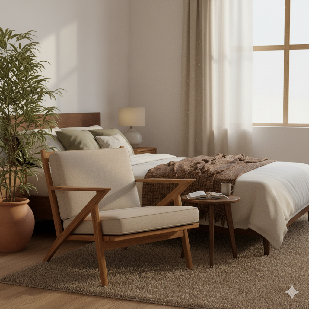 Cozy bedroom with a bed, chair, and side table in a warm color scheme.