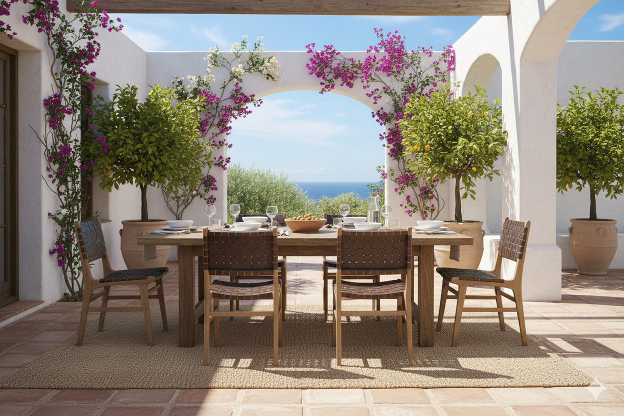 Outdoor dining area with a table and chairs under an archway decorated with flowers, overlooking a scenic view.