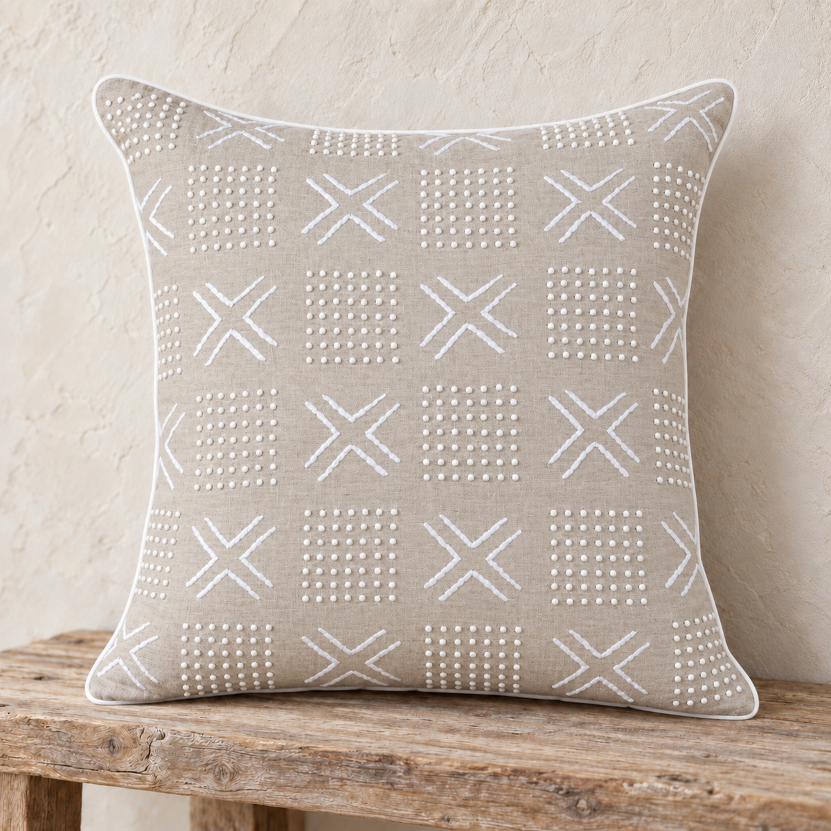 White Mudcloth Beaded & Embroidered Linen Pillow Cover