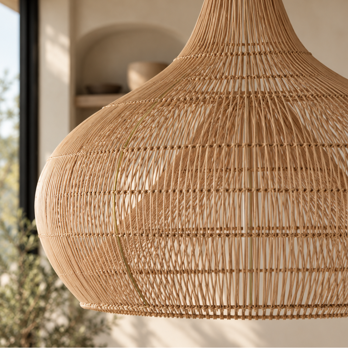 A large woven rattan pendant light shade in a natural tan color, hanging in a softly lit interior setting with a blurred background.