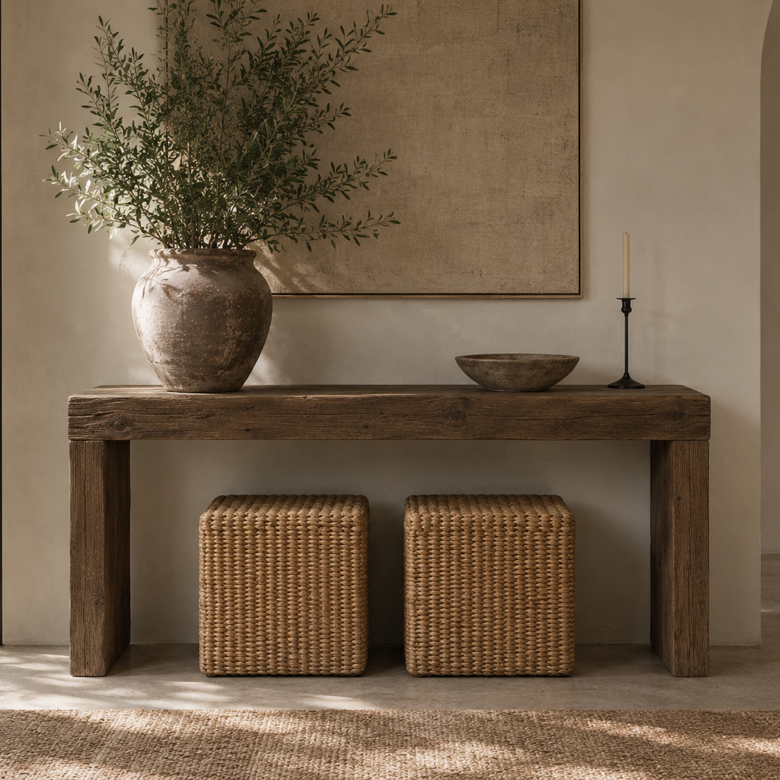 A rustic dark wood console table in a warm, neutral-toned interior, styled with a large textured ceramic vase of greenery, a small bowl, a candlestick, and two woven storage ottomans underneath.