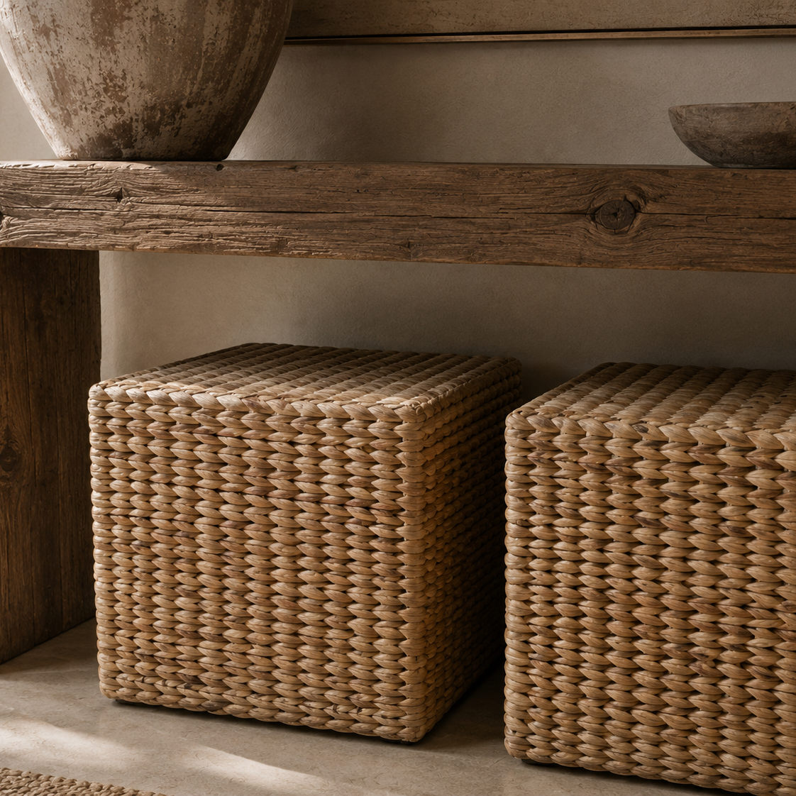 Two woven natural-fiber storage ottomans or baskets sitting underneath a rustic wooden table in a styled interior setting.