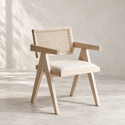 Enya Hardwood Dining Armchair with Rattan Back & Cushioned Seat
