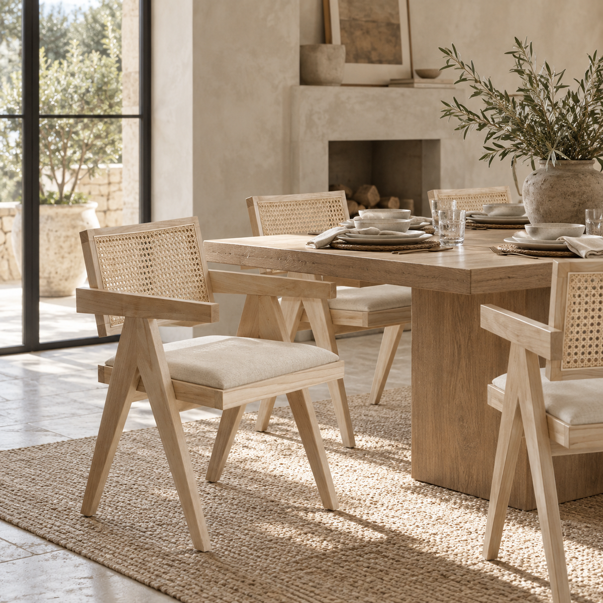 Enya Hardwood Dining Armchair with Rattan Back & Cushioned Seat