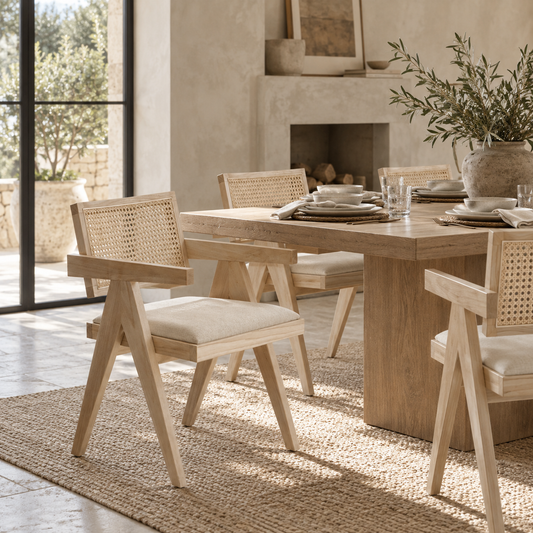 Enya Hardwood Dining Armchair with Rattan Back & Cushioned Seat