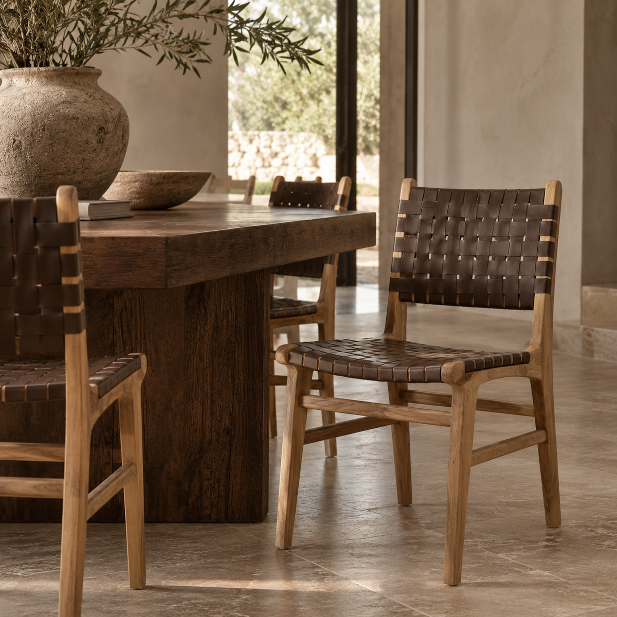 Gatlin Solid Teak Dining Chair with Woven Leather Seat & Back
