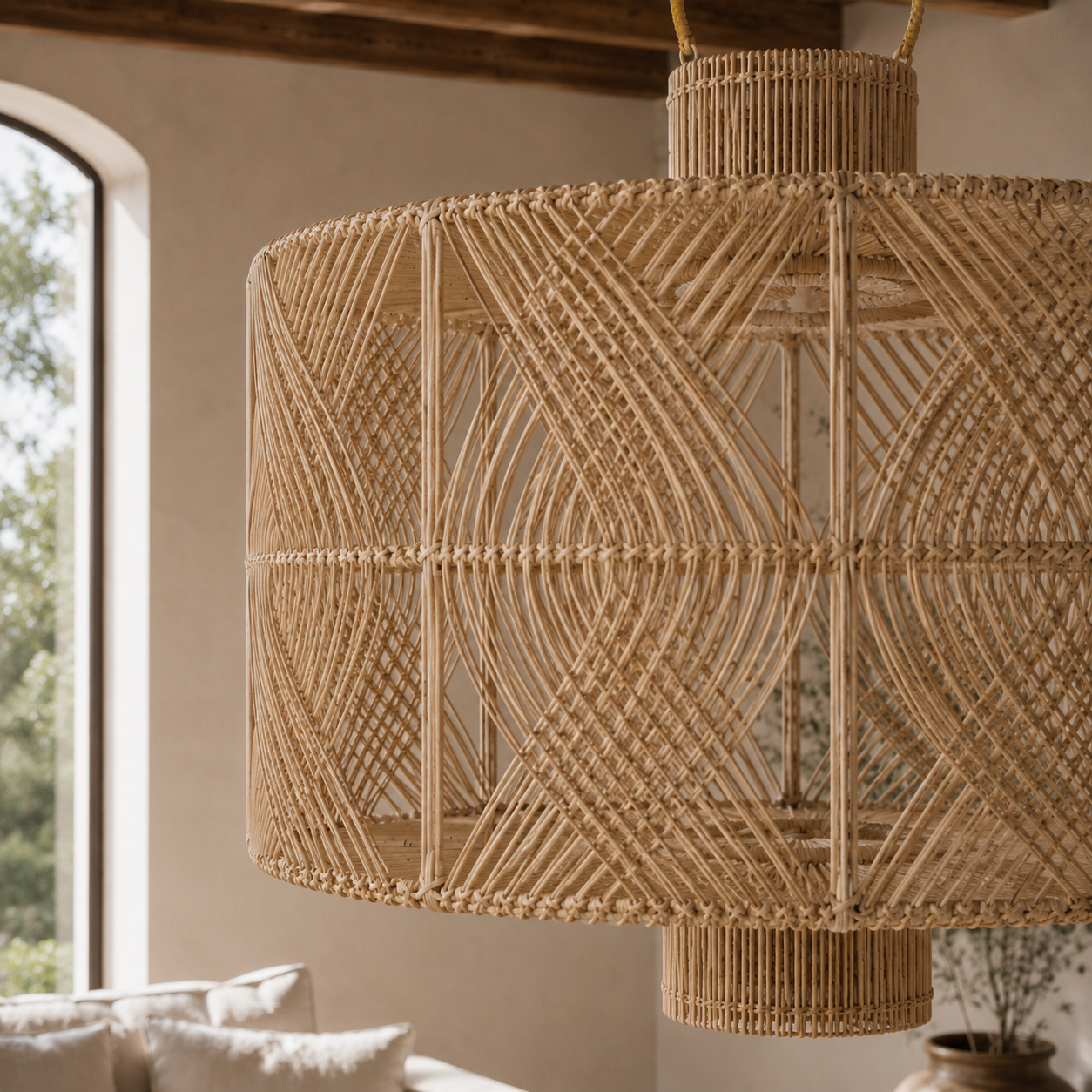 Woven natural fiber pendant light hanging in a room with a window and decor.