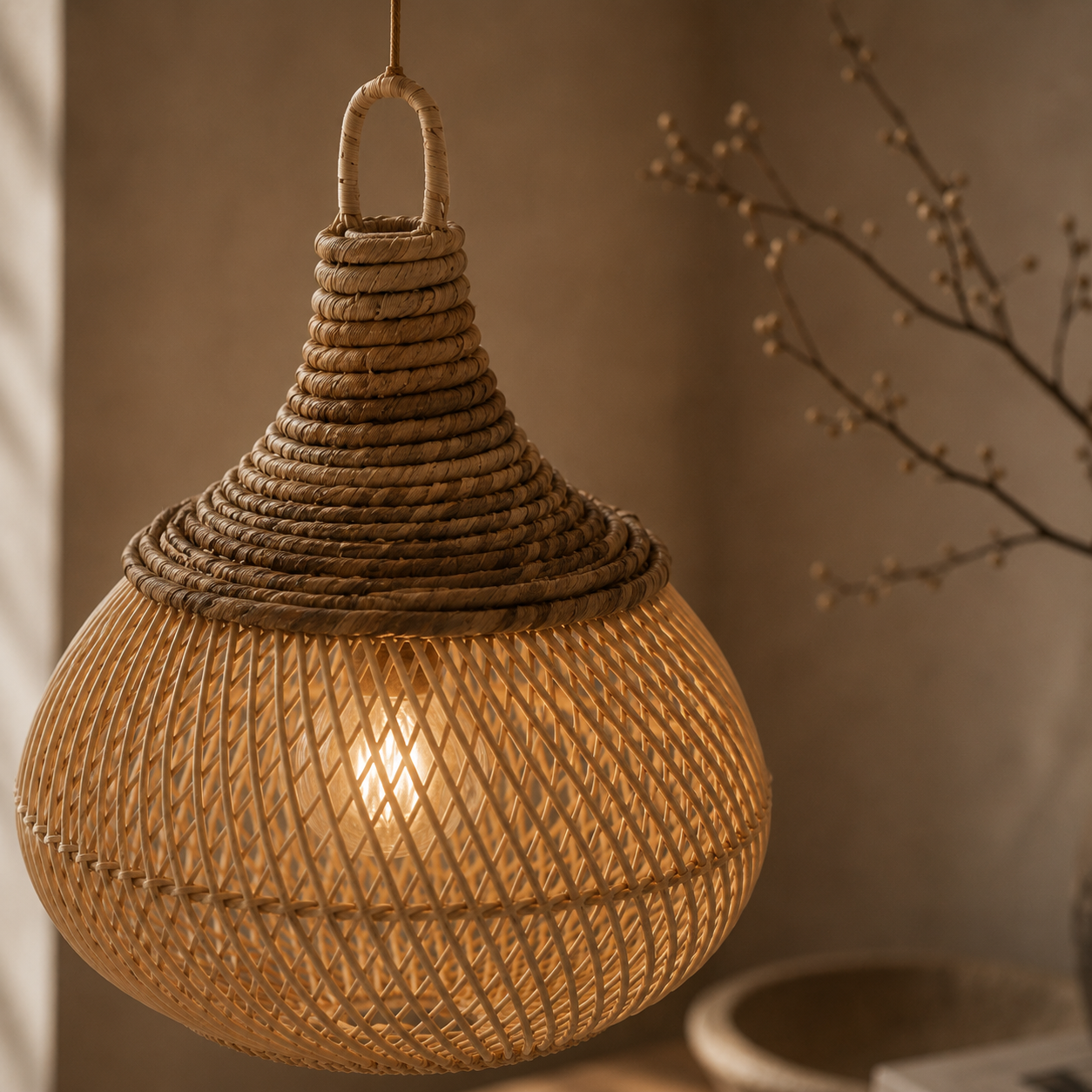 Handwoven Banana Fiber & Rattan Mini Chloe Hanging Lamp