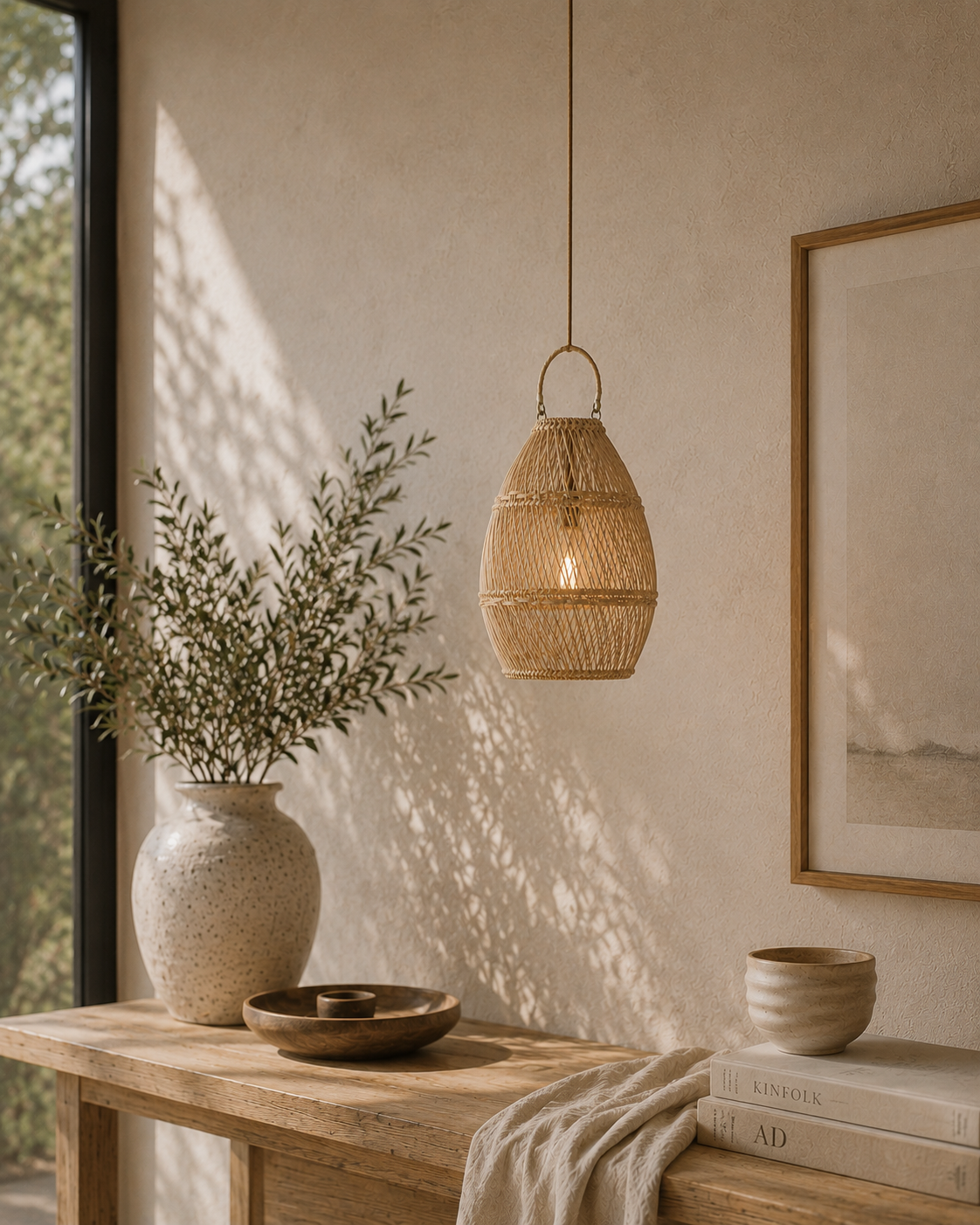 Nestled corner with a wooden table, woven basket pendant light, and framed artwork.