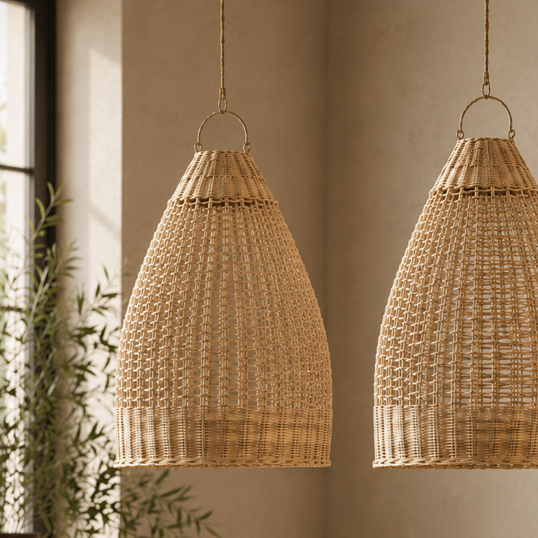 Three woven rattan pendant light shades hang in a row over a table in a warm, sunlit interior with a textured beige wall, a window, and a plant.