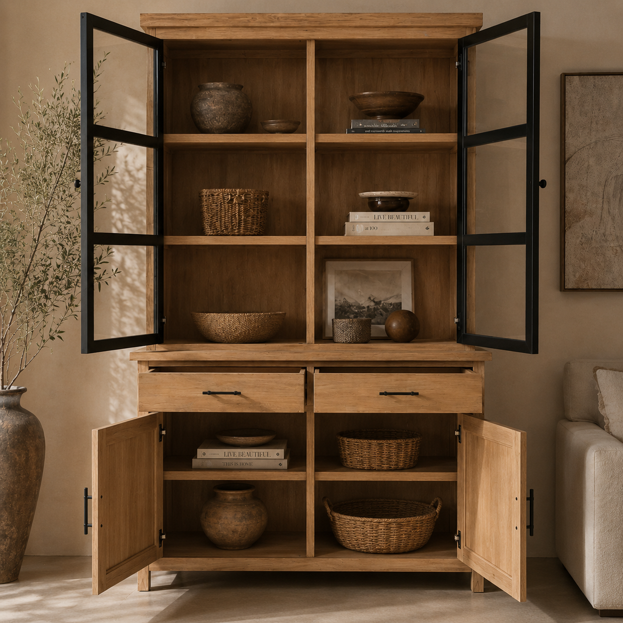 Natural Wood & Glass Display Magnolia Cabinet