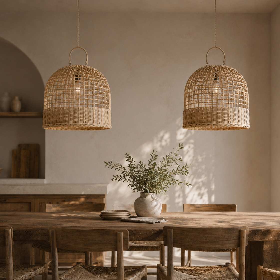 Dining room with wooden table, chairs, and wicker pendant lights.