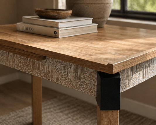 Makira Teakwood Workdesk with Carved Drawer & Industrial Accents